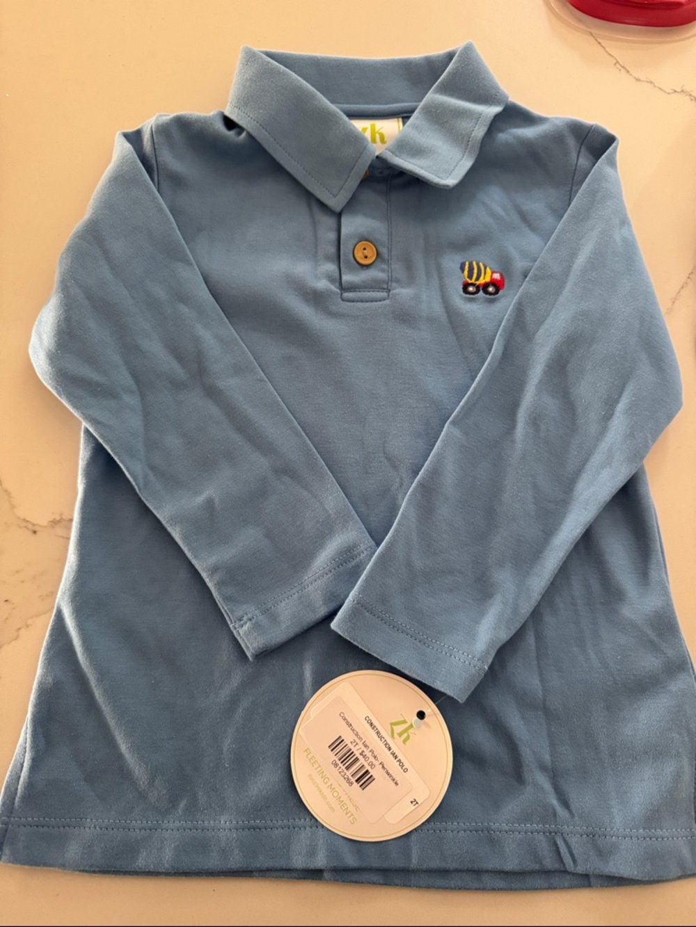 Children's Light Blue Long-Sleeve Polo with Embroidered Truck